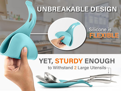 Silicone Spoon Rest for Stove Top Set of 2 – HEAT RESISTANT DISHWASHER SAFE Kitchen Utensil Holder for LARGE Utensils - Won’t Break - Non-Slip - Ideal for Glass & Induction Cooktops - for Home Cooks
