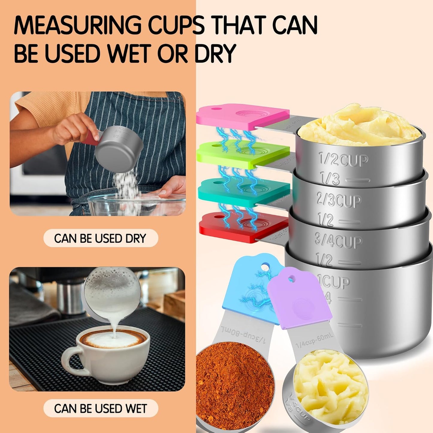 Magnetic Measuring Cups, 5 Stainless Steel Nesting Measuring Cup Set for Measuring Dry or Liquid Ingredients