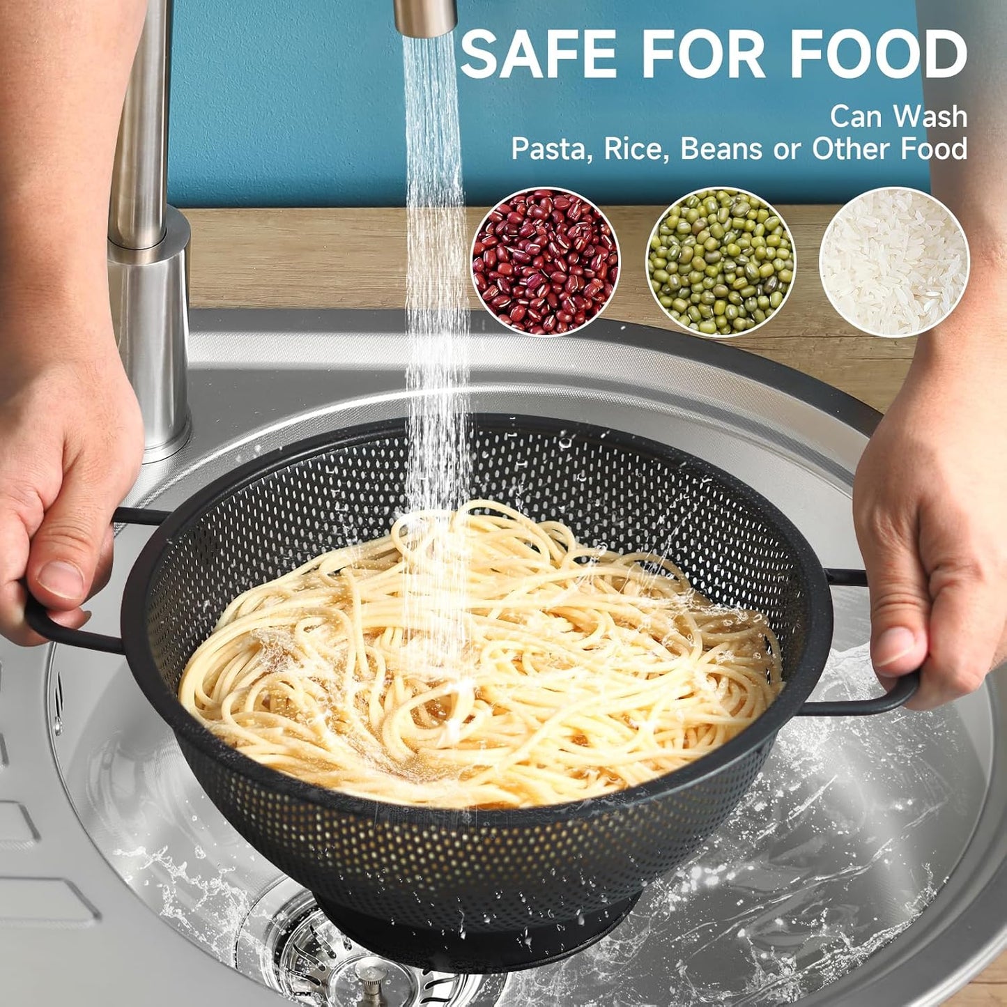 Black Colander for Kitchen, 3QT, Stainless Steel Pasta Strainer with Handle, Pasta Strainer for Fruits Vegetables Cooking Food, Dishwasher Safe