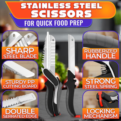 2 in 1 Kitchen Scissors for Food – Stainless Steel Blade & Plastic Cutting Board Scissors with Safety Lock | 9.5" Tomato Knife, Fruit & Vegetable Cutter – Easy-to-Use Kitchen Shears for Meat, Cheese