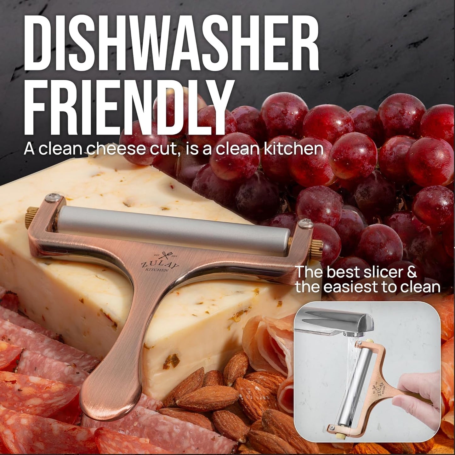 Zulay Kitchen Stainless Steel Wire Cheese Slicer - Adjustable Hand Held Cheese Cutter with 2 Extra Wires - Premium Cheese Shaver For Mozzarella, Cheddar, Gruyere - Cheese Cutter with Wire (Gunmetal)