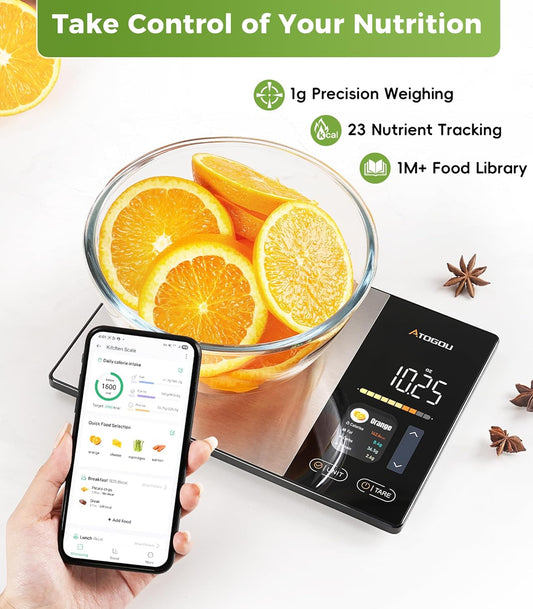 Atogou Smart Food Kitchen Scale with Nutrition Calculator, Color Display & Free App, Precise Portion Control, Calorie & Macro Tracking for Weight Loss & Meal Prep Black