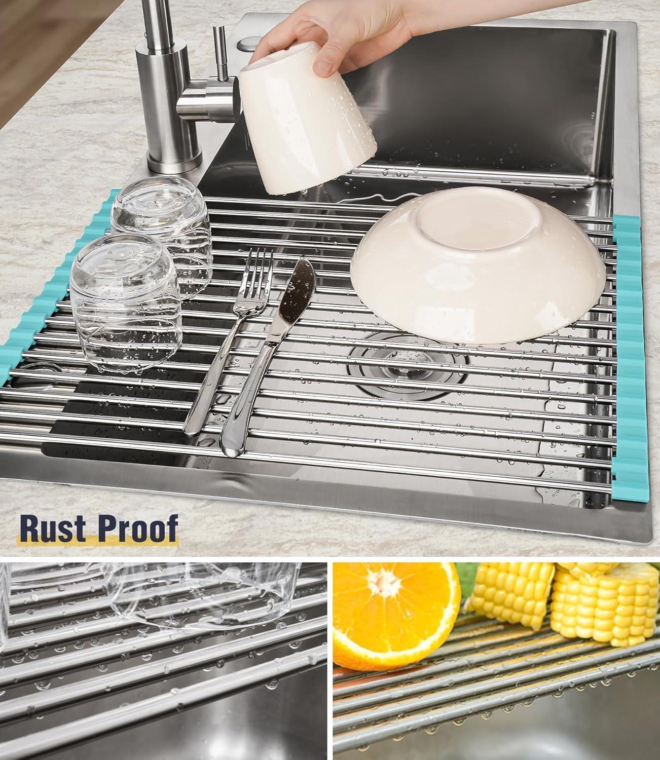 Tomorotec 17.7" x 15.5" Roll Up Dish Drying Rack Over Sink Drying Rack Sink Cover Kitchen Sink Accessories Gadget Multipurpose Organizer Foldable Stainless Steel Drainer