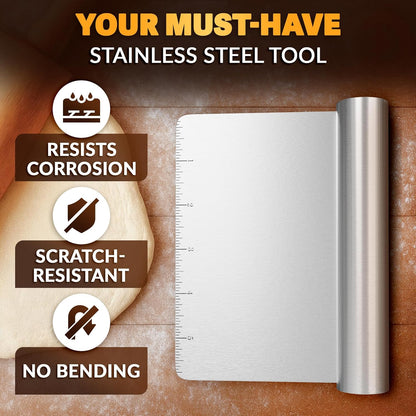 Bench Scraper Kitchen – Multipurpose Pastry Scraper Tool with Measurement Marks for Even Portions, Stainless Steel Build, Ergonomic Grip for Better Control – Pizza, Cookie & Bread Dough Cutter Tool