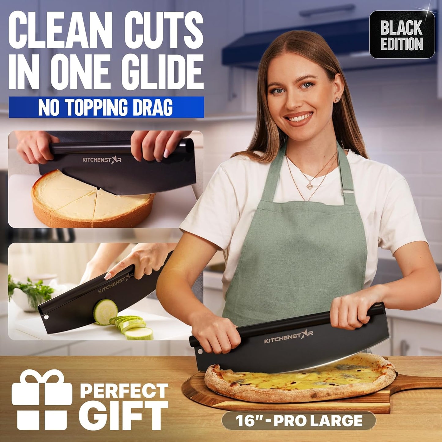 KitchenStar 14-Inch Pizza Cutter Rocker Blade - Sharp Stainless Steel Slicer Knife, Protective Cover, Dishwasher Safe, Large - Professional Pizza Oven Accessories