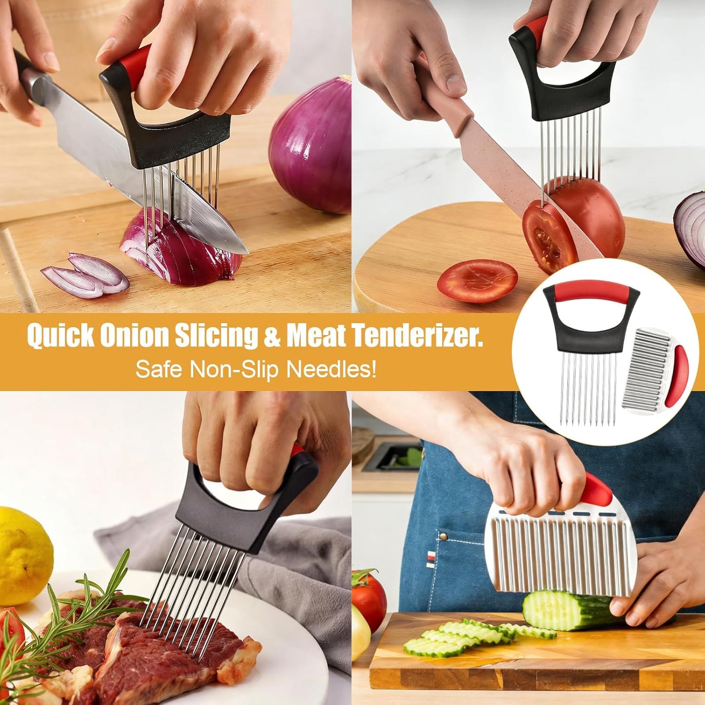 Onion Holder for Slicing, Stainless Steel Onion Cutter Guide for Even Slices, Vegetable Holder Tool with French Fry Cutter, Safe Kitchen Prep Tool