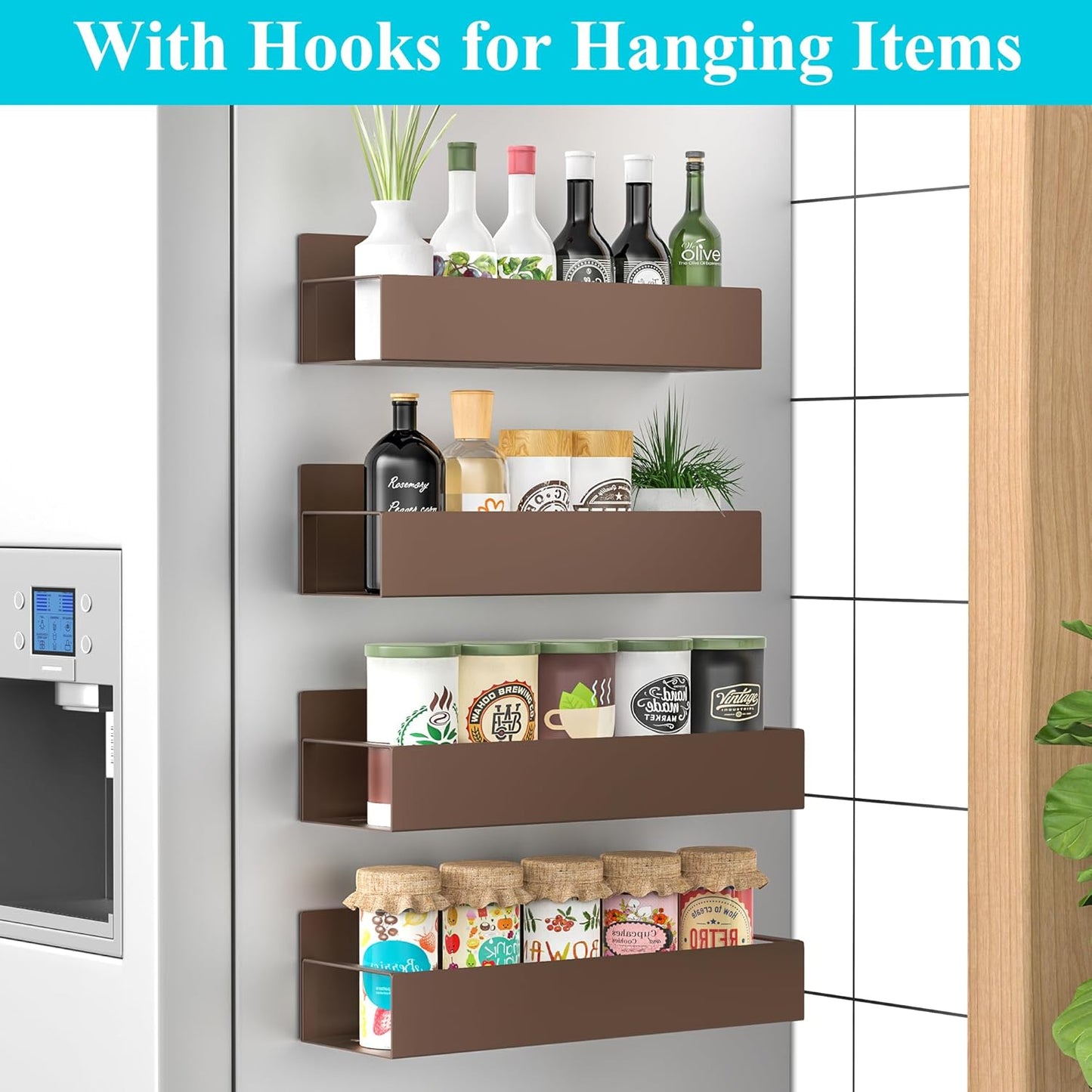 HuggieGems Metal 4 Pack Magnetic Spice Storage Rack Organizer for Refrigerator and Oven, Black Fridge Organizers and Storage, Metal