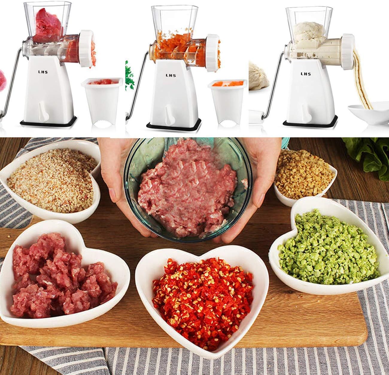 LHS Manual Meat Grinder with Stainless Steel Blades Heavy Duty Powerful Suction Base for Home Use Fast and Effortless for All Meats-White