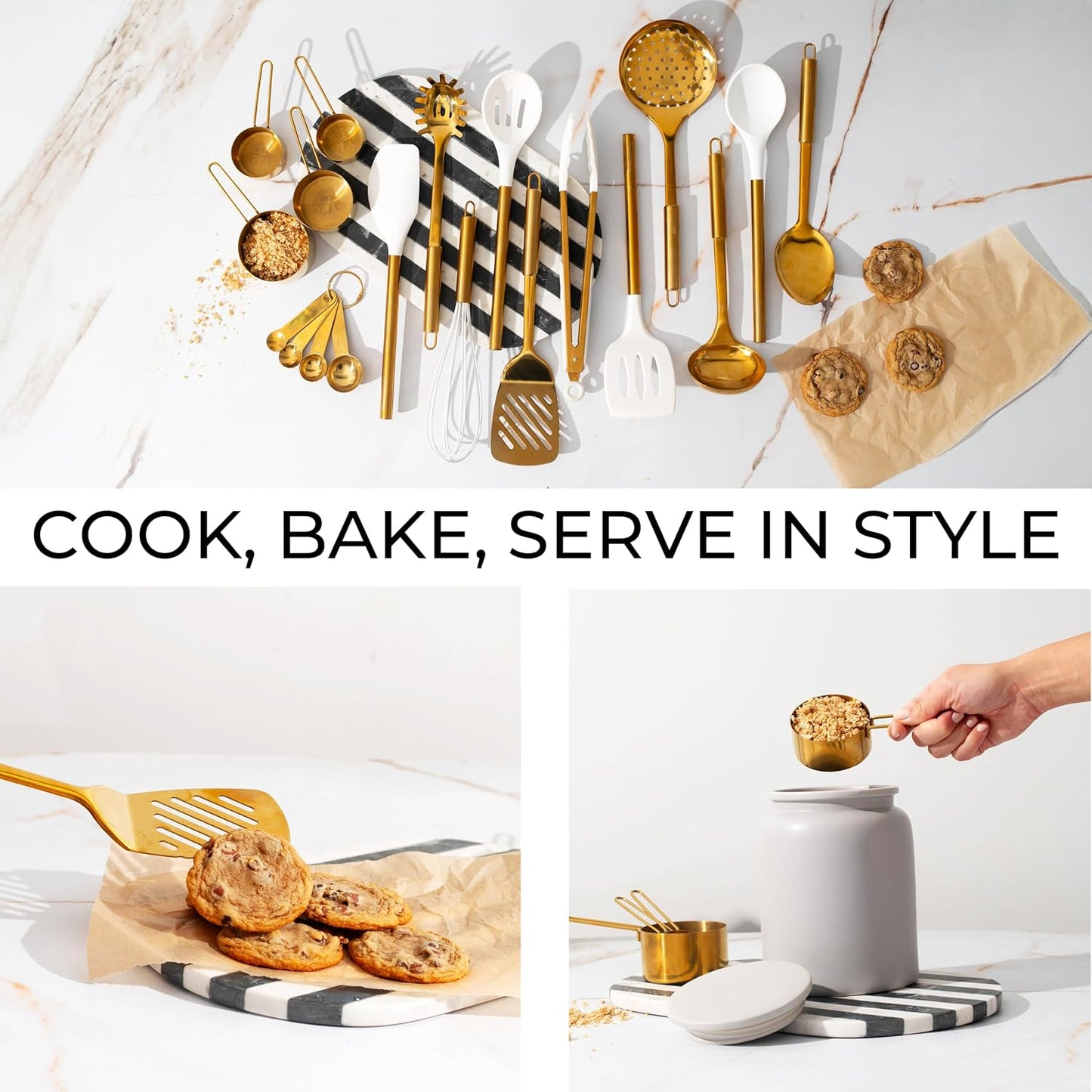 Gold Cooking Utensils with Measuring Cups and Spoons Set - 13-Piece Luxury Gold Kitchen Accessories Includes Metal Measuring Cups and Spoons for Baking, Cooking, and Elegant Kitchen Decor
