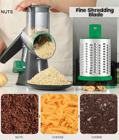 Ourokhome Rotary Cheese Grater Hand Crank, Kitchen Shredder Speed Mandolin Slicer Nut Grinder with Handle and Drum Blades for Cheese, Vegetable, Walnut, Chocolate, Potato, Carrot, 3 Blades, Dark Blue