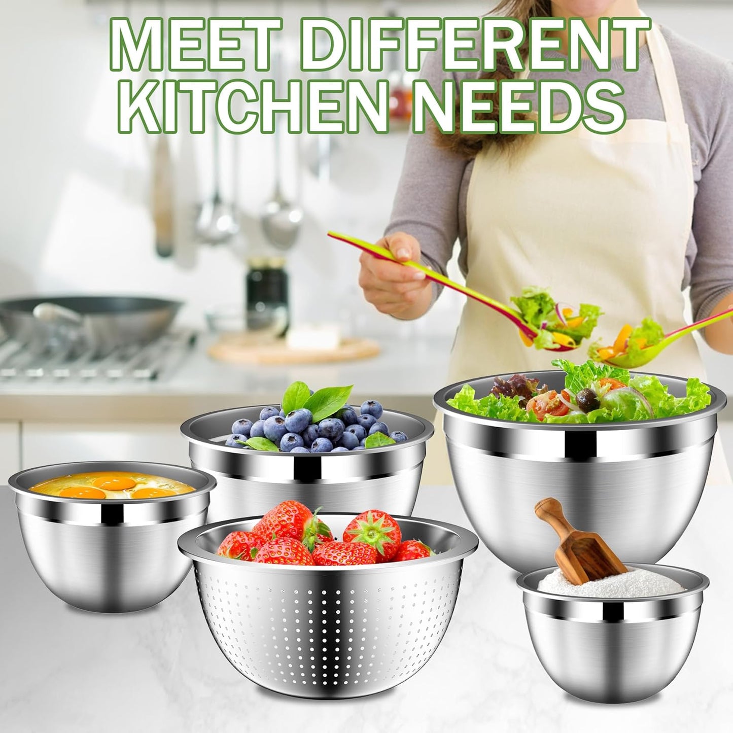 DUTZUN Mixing Bowls with Lids Set, Stainless Steel Mixing Bowls with Colander, Strainer with Mixing Bowl Set, Serving Bowl Kitchen Gift, Size 4.5, 2.5, 2, 1.5QT - Black