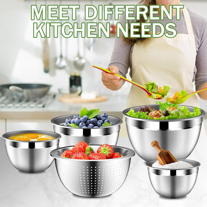 DUTZUN Mixing Bowls with Lids Set, Stainless Steel Mixing Bowls with Colander, Strainer with Mixing Bowl Set, Serving Bowl Kitchen Gift, Size 4.5, 2.5, 2, 1.5QT - Black