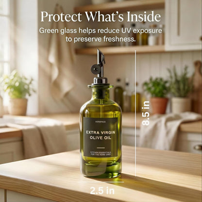 Verspace UV-Protected Green Glass Olive Oil Dispenser Bottles For Kitchen - 2 Pack - 12oz Includes 40 Kitchen Essential Labels, Avocado Oil Dispenser Set, Modern Decor for Home, Airbnb, Cafe