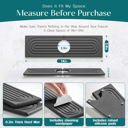 Eormoe Faucet Mat for Kitchen Sink – Diatomite Stone Drying Mat & Sink Protectors, Prevent Moisture – Sink Splash Guard Water-Absorbing Stone Tray for Bathroom Counter (Light Grey, 23.6" x 3.9")