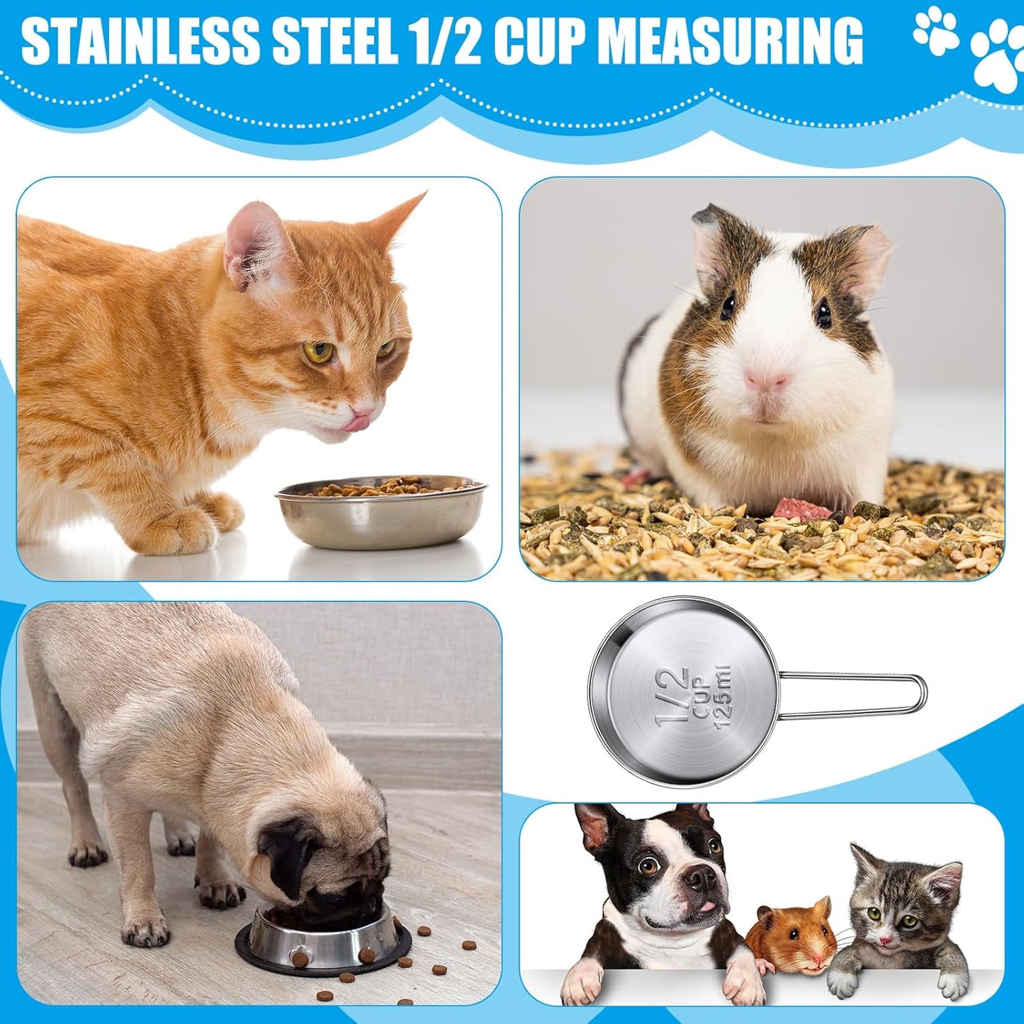 Qinyoung 3 Pack 1/2 Dog Cat Food Stainless Steel Scoop Cup Food Measuring Cup with Handle Portion Control for Dog Cat Bird
