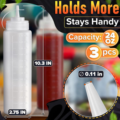 Set of 3 Inverted Condiment Squeeze Bottles 16 oz – Upgraded Design with Added Sealing Gaskets, Self-Closing Valve, Easy-to-Fill Clear Bottles for Sauces, Dressings, Ketchup, Mustard for Everyday Use
