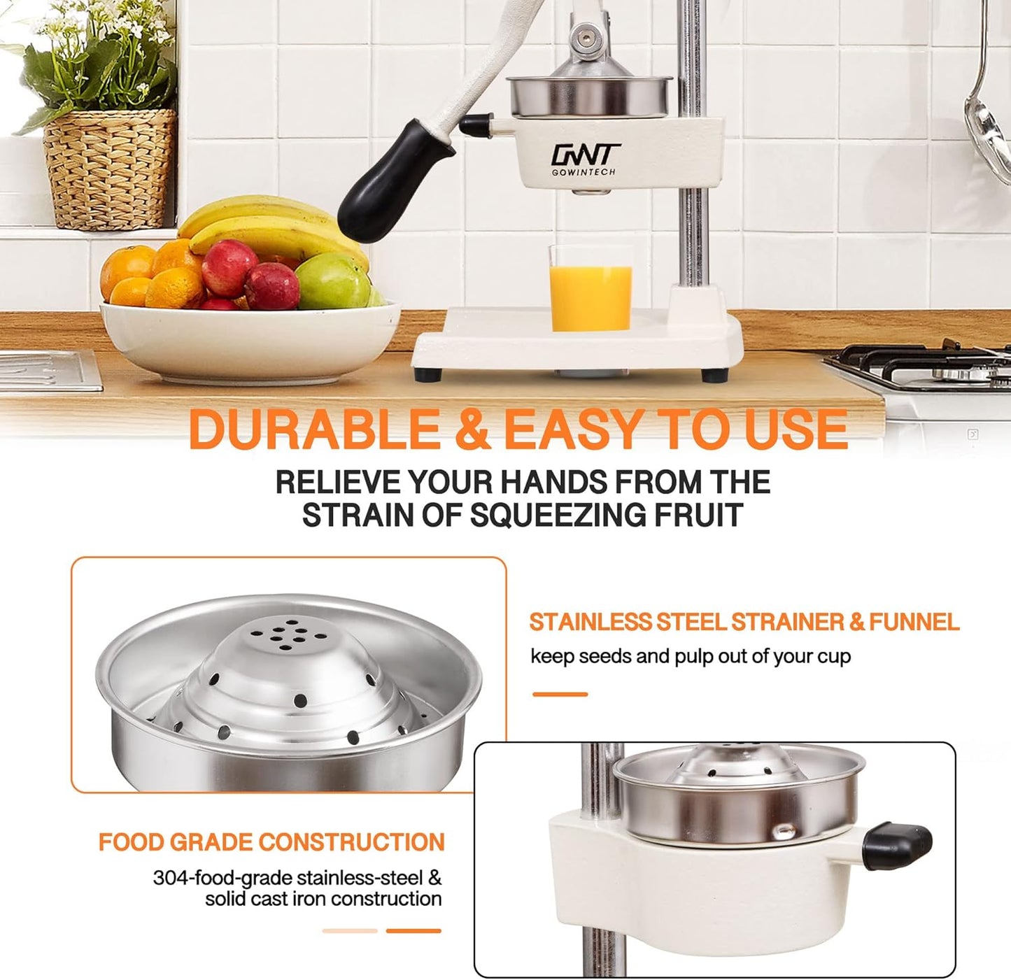 Commercial Heavy Duty Cast Iron Hand Press Manual Orange Citrus Lemon Lime Grapefruit Pomegranate Fruit Juice Squeezer Machine with Stainless Steel Cup