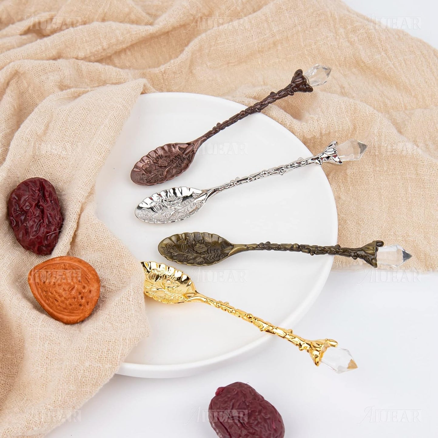 AUEAR, Retro Crystal Antique Alloy Spoon Coffee Tea Dessert Mini Ice Cream Decorative Spoons Set for Home Office (10 Pack)
