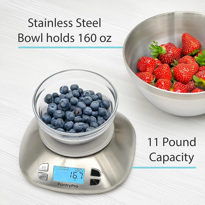 Stainless Steel Digital Kitchen Scale w. Bowl - for Food Coffee Lab - LCD Display gram Ounces lb:oz lb ml - 12 LBS/5.5 KG Capacity - Battery Included - Gold by The Display Guys