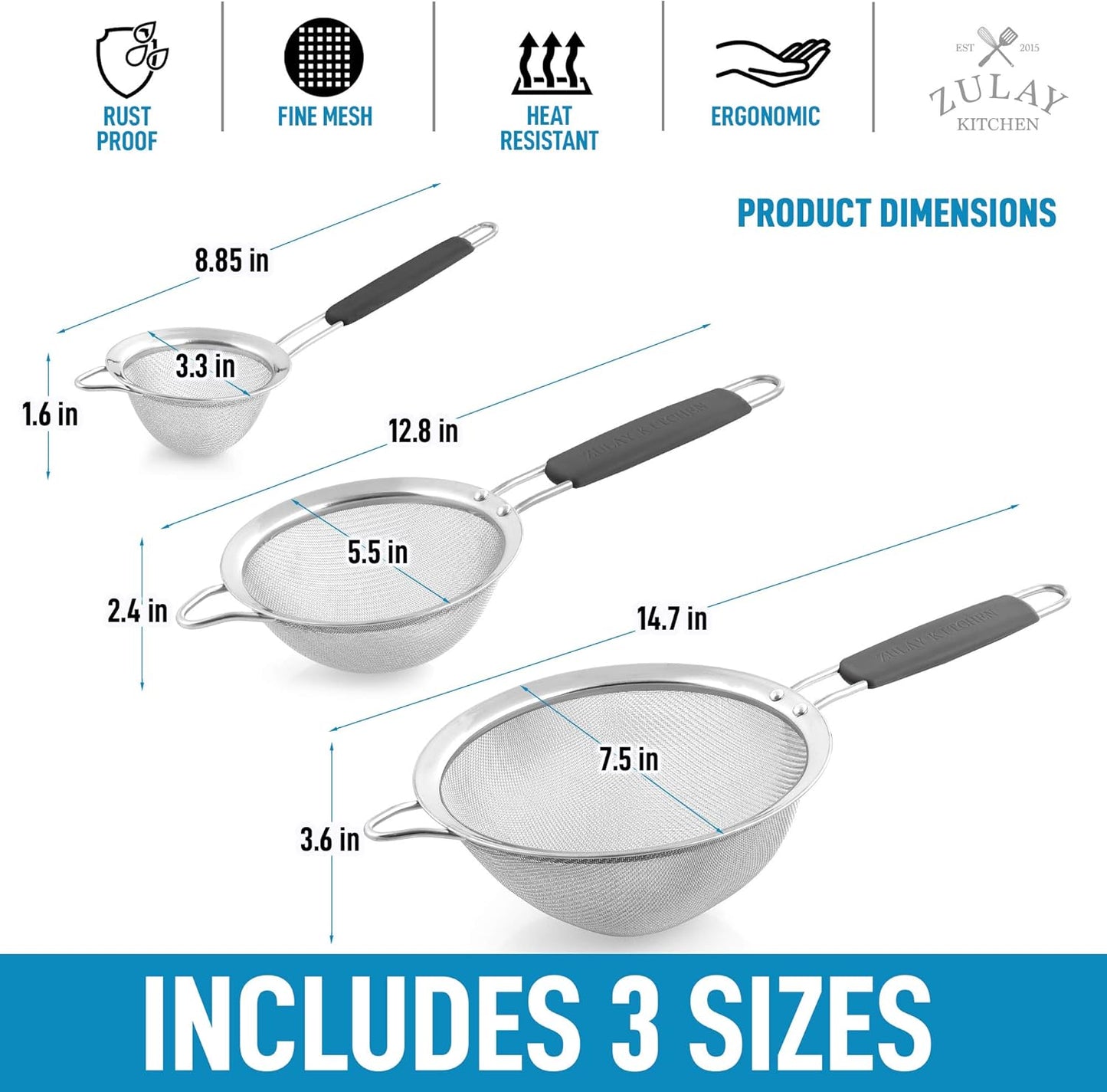 Zulay Kitchen 304 Stainless Steel Fine Mesh Strainer 3.35 in - Strainers Fine Mesh, Tea Strainers for Loose Tea - Perfect for Tea, Cocktails, Juicing, Drinks, Liquids, Matcha, Coffee & More