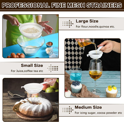 3 Pcs Plastic Nylon Mesh Strainer Colander with Handle Double Ear Fine Food Mesh Strainer Flour Sifter for Baking Kitchen Colander Sifter Kefir Tea Juice Pasta(3 Inch, 4 Inch, 5.5 Inch)