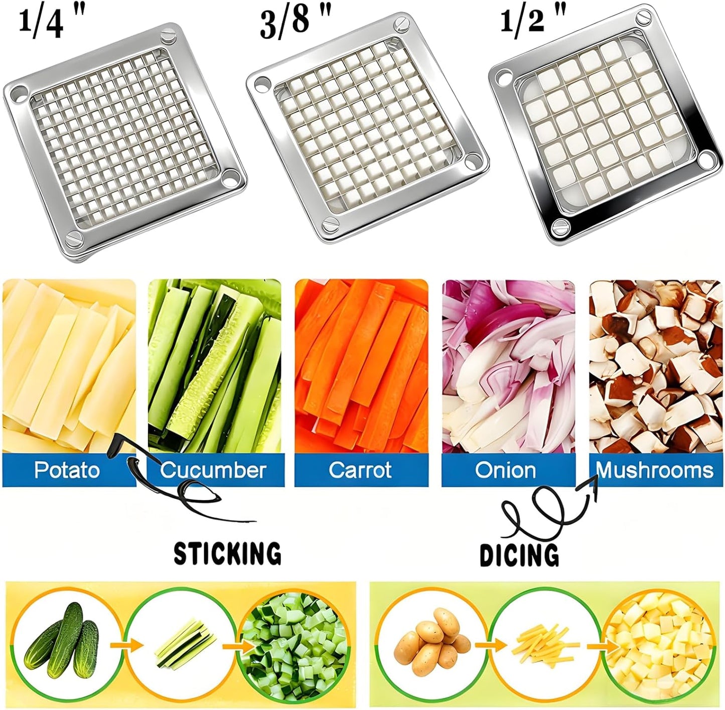 CTJ Commercial Vegetable Chopper & French Fry Cutter with (1/4" 3/8" 1/2") Replacement Blades Stainless Steel Veggie - Home Kitchen or Restaurant Use for Tomato Peppers Potato