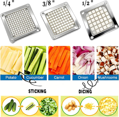 CTJ Commercial Vegetable Chopper & French Fry Cutter with (1/4" 3/8" 1/2") Replacement Blades Stainless Steel Veggie - Home Kitchen or Restaurant Use for Tomato Peppers Potato