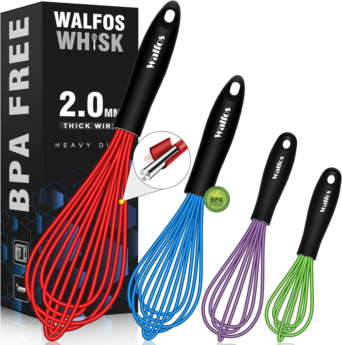 Walfos Mini Whisk,304 Anti-Rust Small whisk,Sturdy Stainless Steel Wire Tiny Whisks 6+7+8in,Ideal for mixing individual eggs, jams, spices and other small portion ingredients.(3pcs）