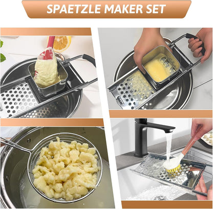 Premium Grade Stainless Steel Spaetzle Maker with Anti-slip Rubber Handle, Spider Strainer Skimmer, Silicone Scraper and Plastic Brush, Homemade German Egg Noodle Dumpling Making Tool Set