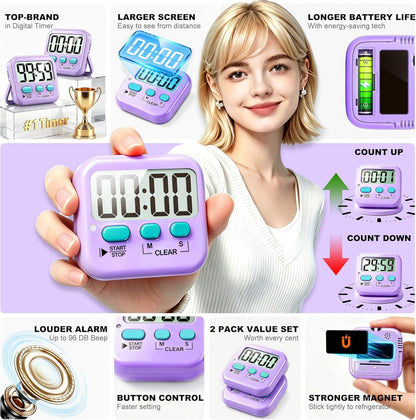 Antonki 2 Pack Digital Timer for Kids, Magnetic Countdown Kitchen Timers for Cooking, Egg, Classroom, Teacher, Exercise, Study, Oven - Battery Included