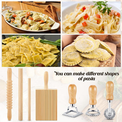 Tioncy 7 Pcs Pasta Making Tool Set Kitchen Gift, Wood Gnocchi Board with Ravioli Stamp Ravioli Maker Rolling Pin Gnocchi Garganelli Italian Pasta Tools for Beginners Home Cooks
