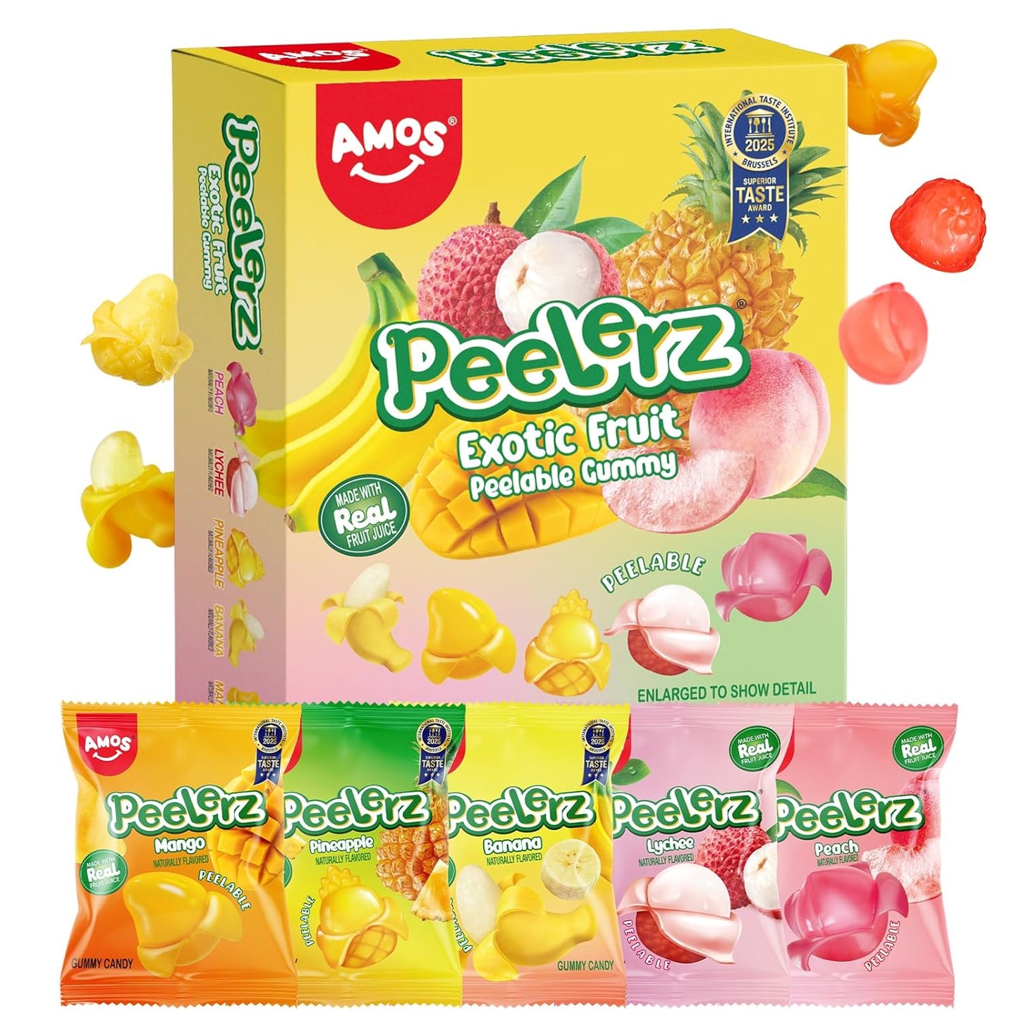 AMOS Peelerz Peelable Gummy Candy Variety Pack, Mango White Peach Banana Green Apple Passion Fruit Lychee, Soft Chewy Fruit Snack, Pack of 6