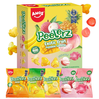 AMOS Peelerz Peelable Gummy Candy Variety Pack, Mango White Peach Banana Green Apple Passion Fruit Lychee, Soft Chewy Fruit Snack, Pack of 6