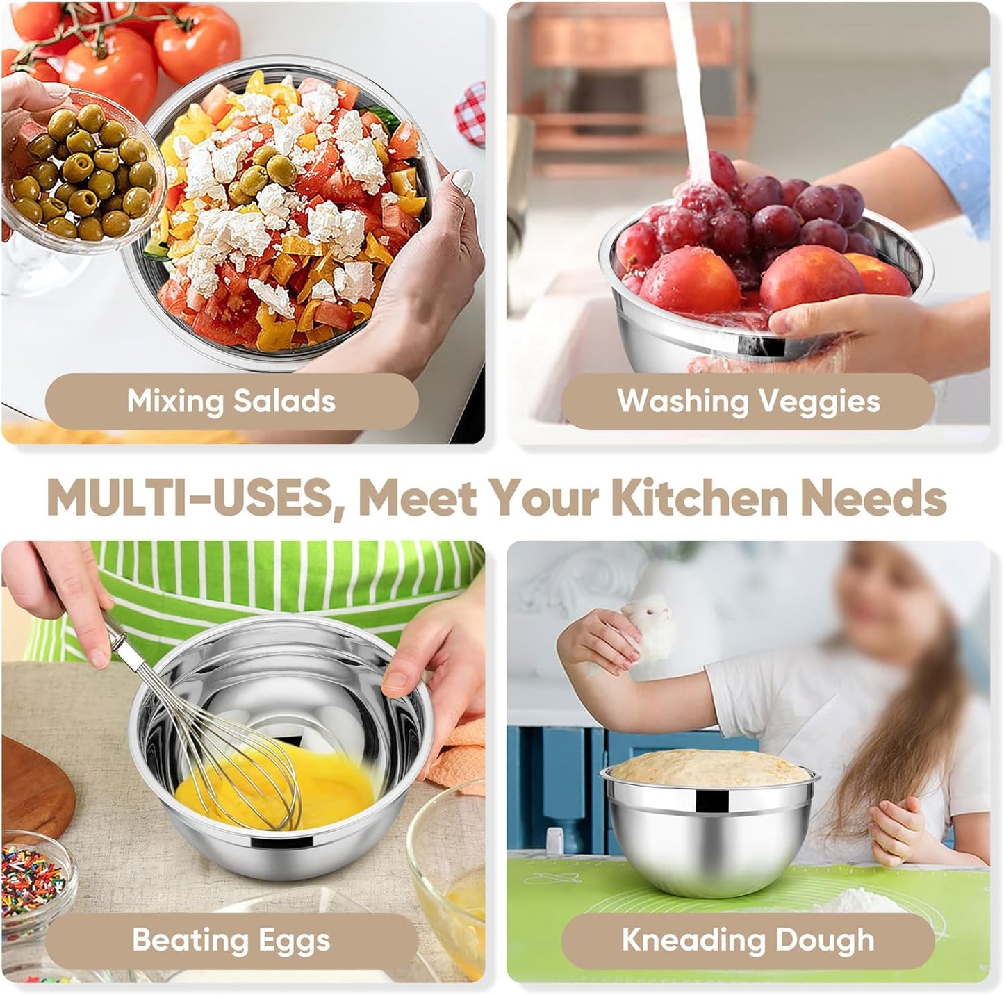 TeamFar Mixing Bowls with Lids, 5-Piece Stainless Steel Metal Nesting Salad Bowl for Mixing Prepping, Healthy & Heavy Duty, Airtight Lids & Dishwasher Safe, 4.5/3/1.5/1/0.7 QT-Khaki