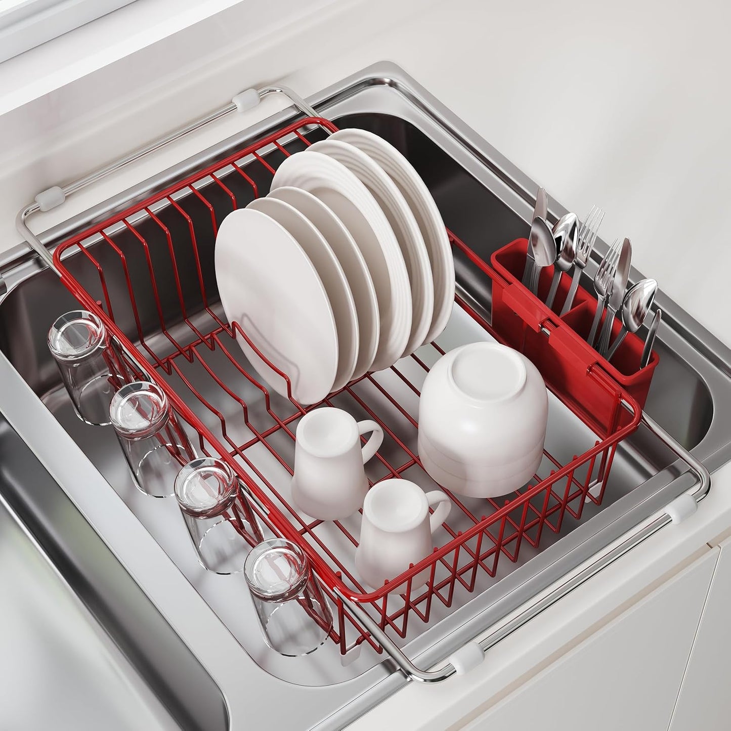JASIWAY Roll Up Dish Drying Rack, Expandable (12.8"-23.8" D x 12.8" W) Stainless Steel Portable Drainer for Kitchen Sink Counter, Foldable Over The Sink Cover with Removable Utensil Holder