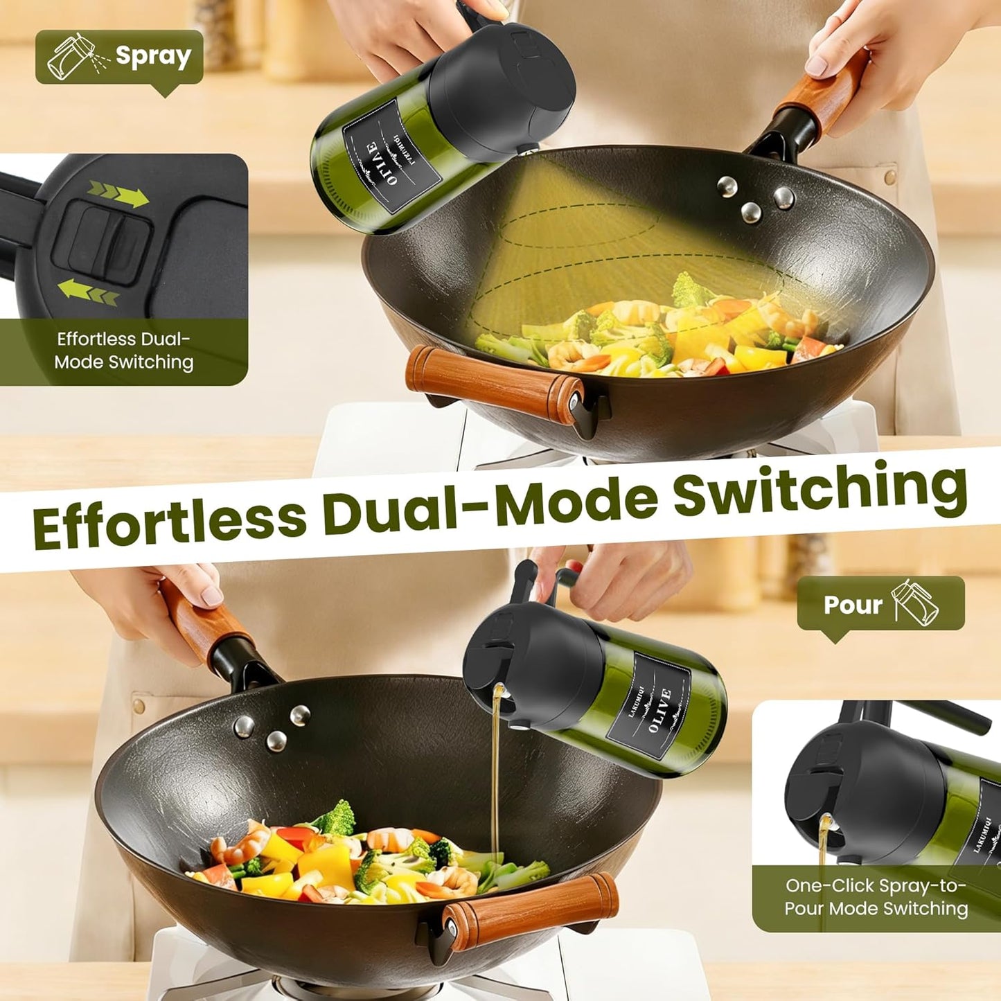 LAKUMIQI 2-in-1 Olive Oil Sprayer for Air Fryer – 16oz Glass Oil Dispenser & Cooking Oil Mister – Spray & Pour Bottle, Non-Aerosol, Leak-Resistant, for Salad, BBQ, Kitchen