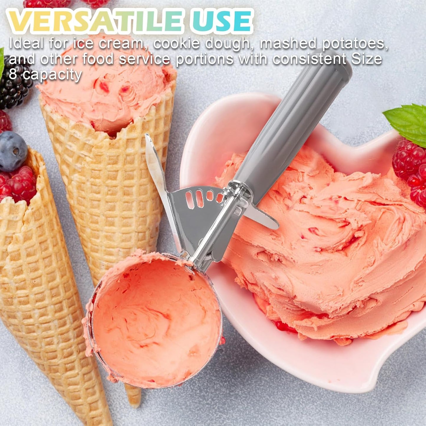 Durable Commercial-Grade Thumb Press Food Disher/Ice Cream Scoop, 18/8 Stainless Steel Ice Cream Scoop, 4 oz, Size 8, Grey Handle