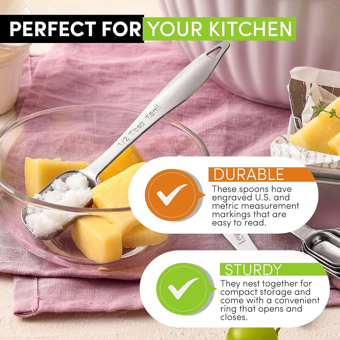 Spring Chef Stainless Steel Measuring Spoons Set of 7 with Leveler, Rectangular Metal Teaspoon & Tablespoon Measuring Spoons for Dry & Liquid Ingredients - Nesting Kitchen Gadgets For Baking & Cooking