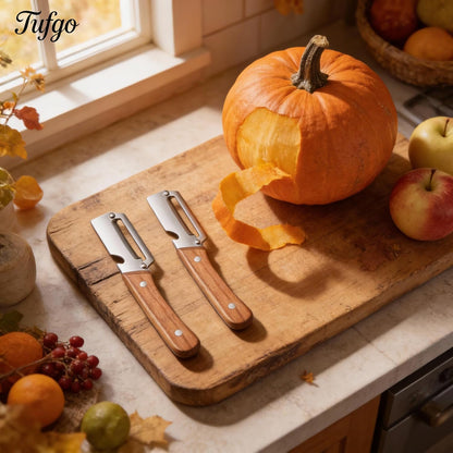 2 Pack 2 in 1 Multi Functional Vegetable Peeler with Bottle Opener and Wooden Handle Stainless Steel Blade Kitchen Tool for Sugar Cane Potato Fruit Pineapple Pumpkin Papaya Carrot Veggie Peeler