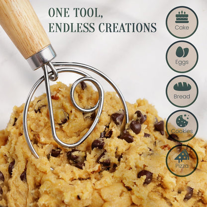 Danish Dough Whisk, Sourdough Bread Whisk with Wooden Handle, 13-Inch Stainless Steel Single Loop Dough Mixer for Bread Making, Pizza Dough, Batter and Pastry