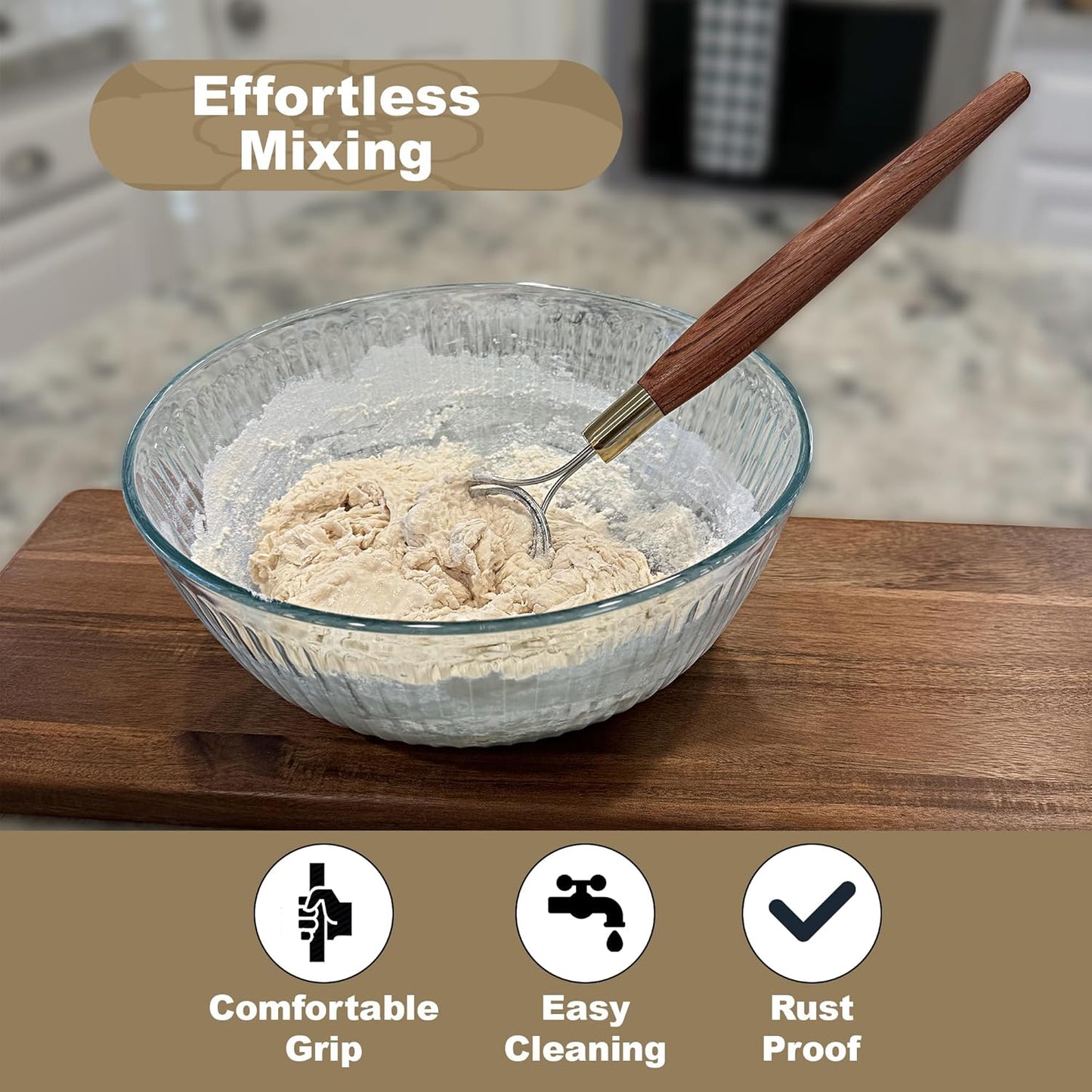 Danish Dough Whisk for Sourdough - 14” Stainless Steel Dough Mixer, Premium Wood Handle - Dutch Whisk for Bread, Bread Making Tools
