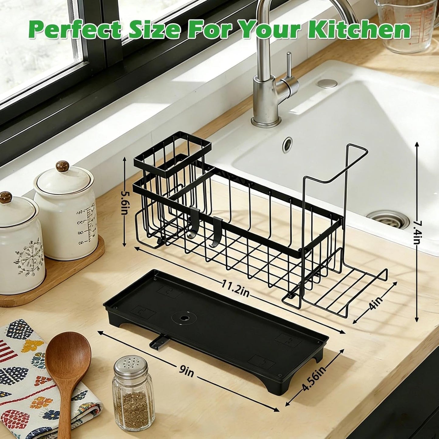 Sponge Holder for Kitchen Sink, Sink Caddy Organizer with Detachable Cloth & Brush Holder, Self-Draining Sponge Caddy Organizer with 360° Rotatable Spout, Kitchen Countertop Storage Accessories(White)