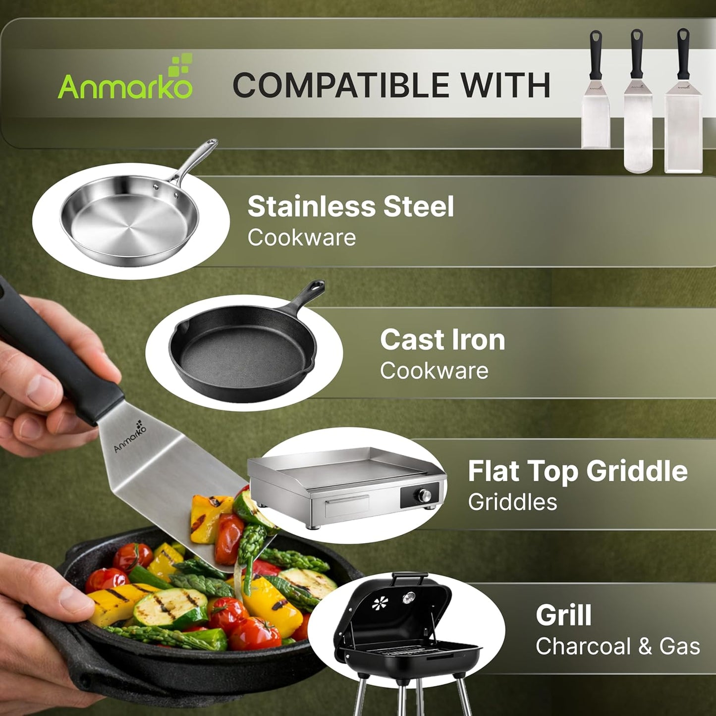 Stainless Steel Metal Spatula Set - Teppaniyaki Spatulas - Griddle Scraper Flat Spatula Pancake Flipper Hamburger Turner - Metal Utensil great for BBQ Grill Flat Top Cast Iron Griddle Accessories