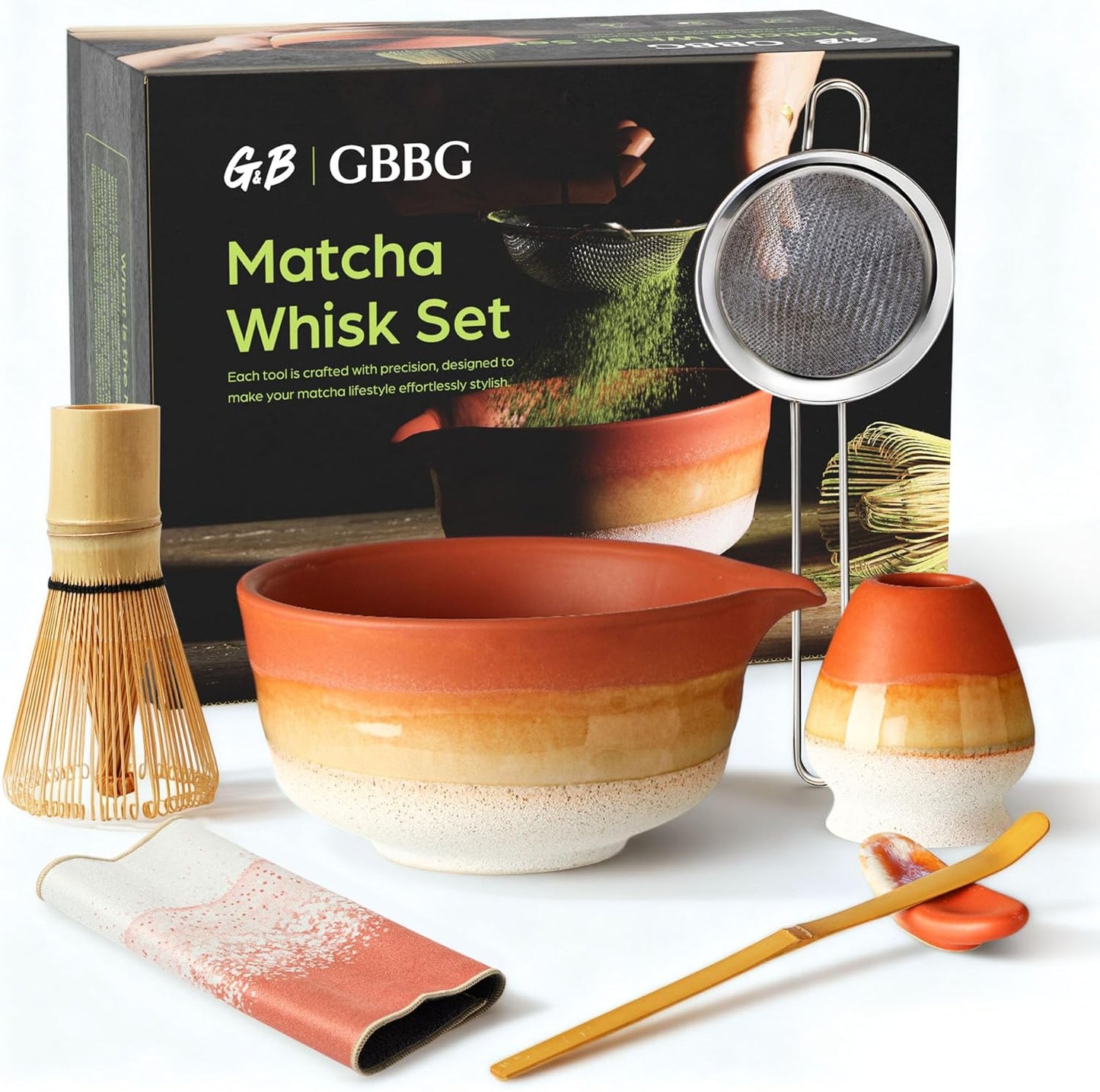 Matcha Whisk Set, Ceramic Matcha Kit Desert Style, Matcha Whisk and Bowl, Bamboo Scoop and Rest, Sifter and Tea Towel, 7 Pcs Gifts for Matcha Lover - Matte Black