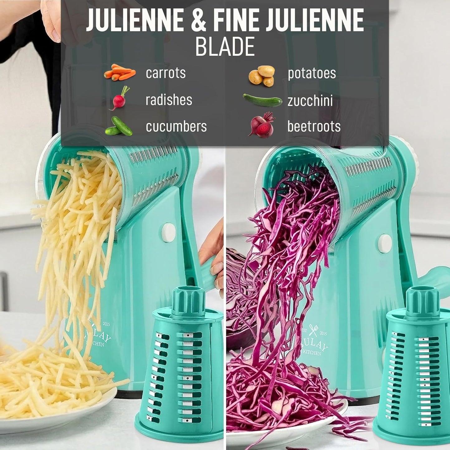 Zulay Kitchen Rotary Cheese Grater 5 Blade Cheese Shredder - Manual Hand Crank Cheese Grater With Reinforced Suction & 5 Interchangeable Drums - Easy to Use, Vegetable Chopper Round Mandoline Slicer - Colors A
