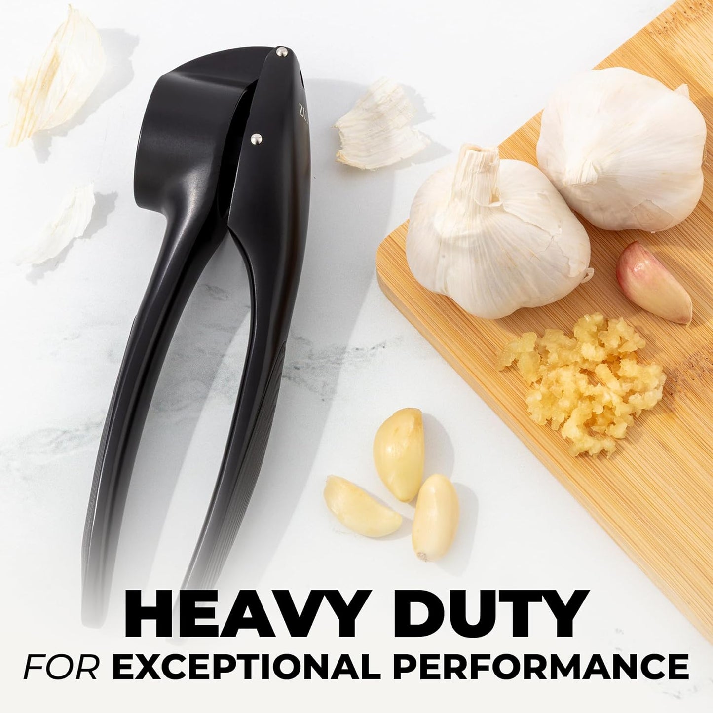 Zulay Kitchen Premium Garlic Press Set - Rust Proof Professional Garlic Mincer Tool - Easy-Squeeze, Easy-Clean with Soft, Ergonomic Handle - Silicone Garlic Peeler & Brush (Silver)