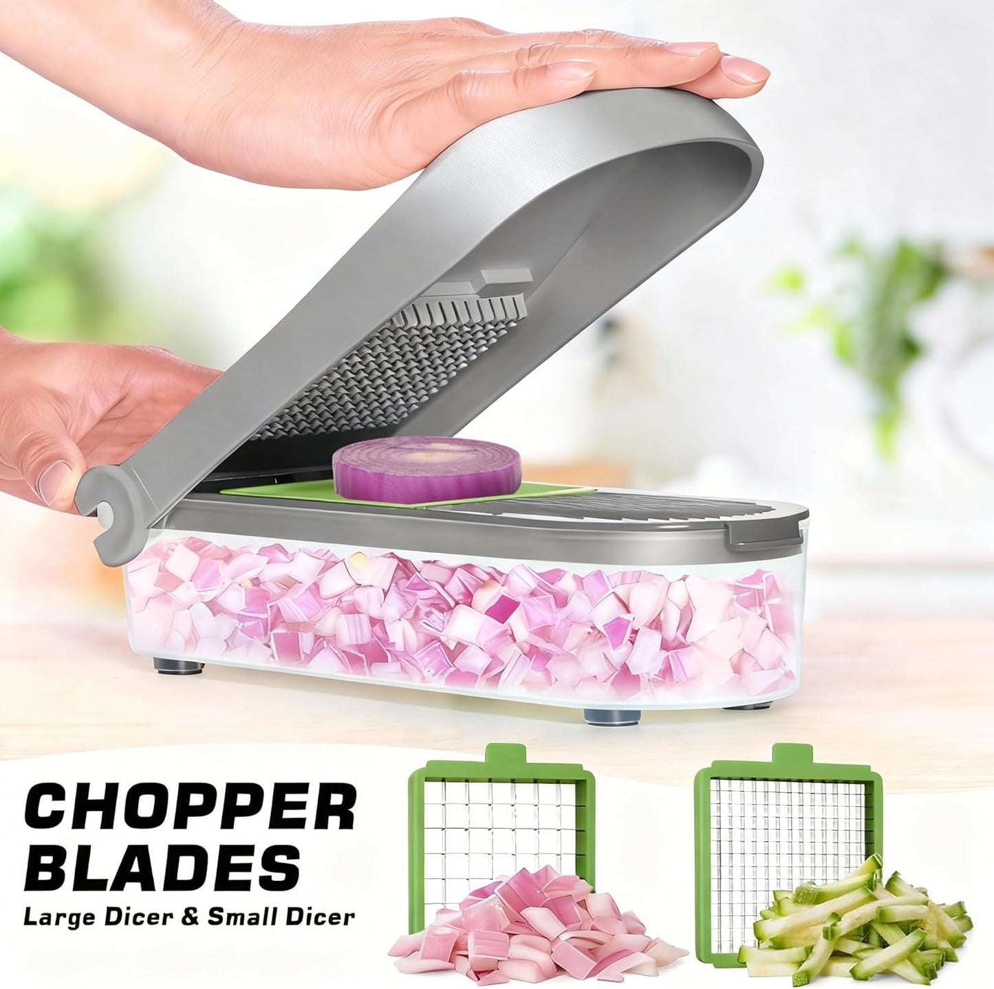 LHS Vegetable Chopper, Pro Onion Chopper Slicer Dicer Cutter Shredded- Cheese & Veggie Plus Peeler and Julienne - Food Dicer with 8 Blades (Grey)