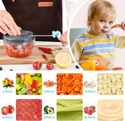 Manual Food Processor Vegetable Chopper, Portable Hand Pull String Garlic Mincer Onion Cutter for Veggies, Ginger, Fruits, Nuts, Herbs, etc., 500ml,（Gray-green）