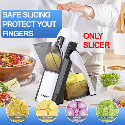 QYKIC Safe Mandoline Slicer 5 in 1 Vegetable Chopper Food Potato Cutter, Strips Julienne Dicer Adjustable Thickness 0.1-8 mm Kitchen Chopping Artifact Fast Meal Prep