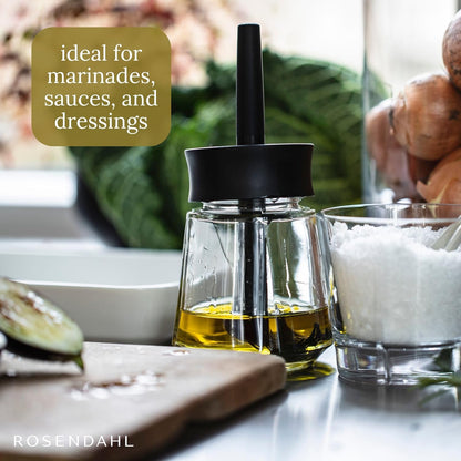 Rosendahl Grand Cru 8.5 Oz Dressing Shaker - Elegant Black Glass Container with Push-Button Lid, 360-Degree Spout for Easy Pouring, Leak-Proof, Multifunctional Kitchen Essential for Homemade Dressings